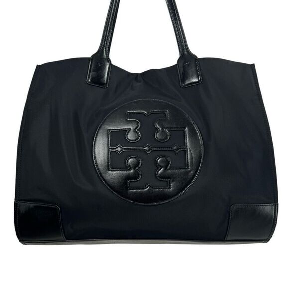 Tory Burch Women's Black Ella Nylon Patent Leather Trim Tote Bag Handbag Logo - Picture 2 of 12